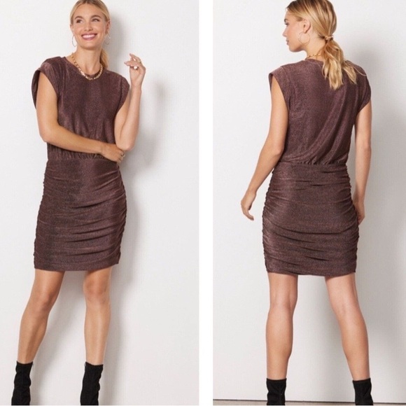 Evereve Ashlyn Sparkle Ruched Mini Dress in Bronze Sz M - Picture 1 of 9